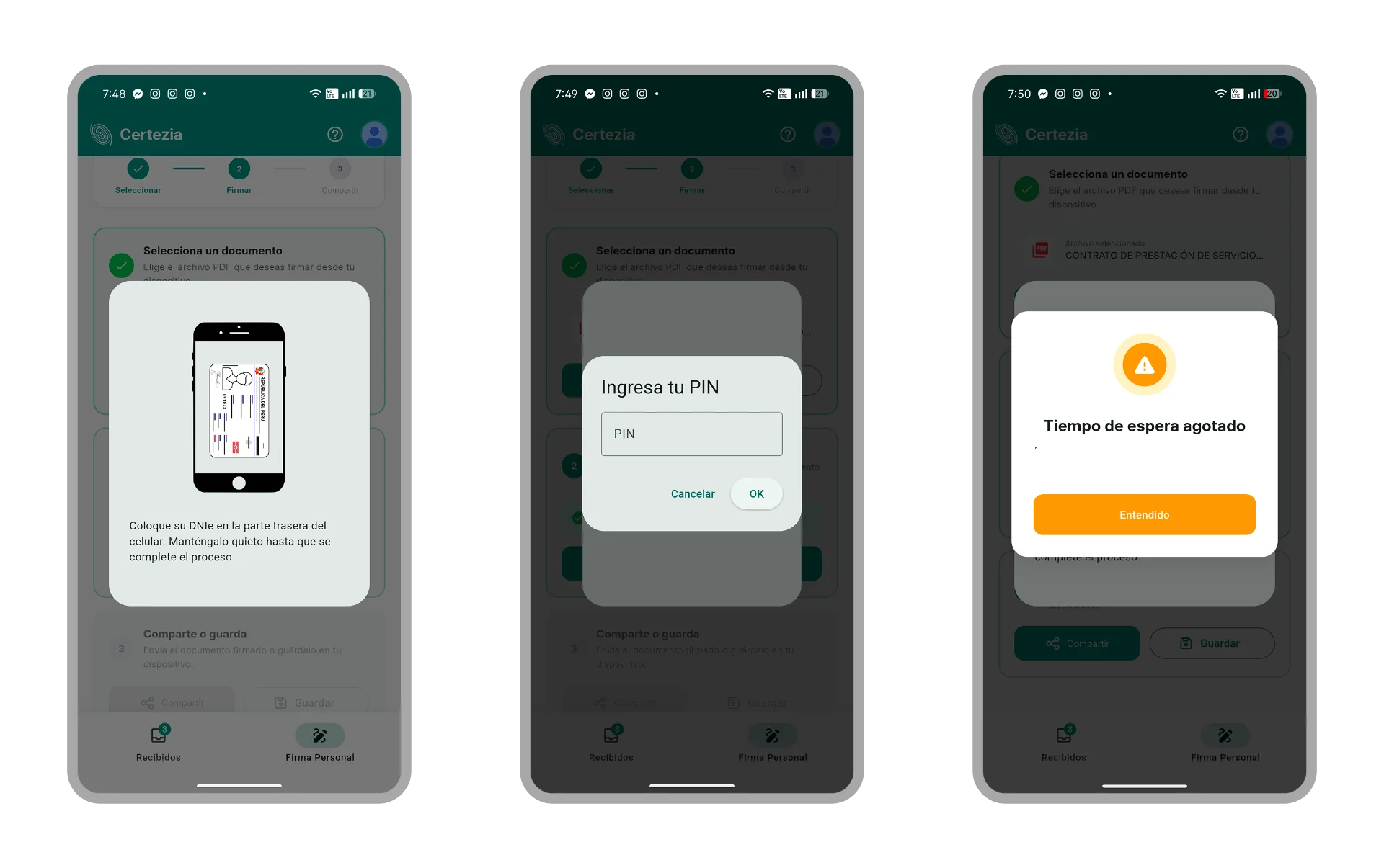 Tres pantallas móviles que muestran los problemas de UX del flujo original de Certezia
