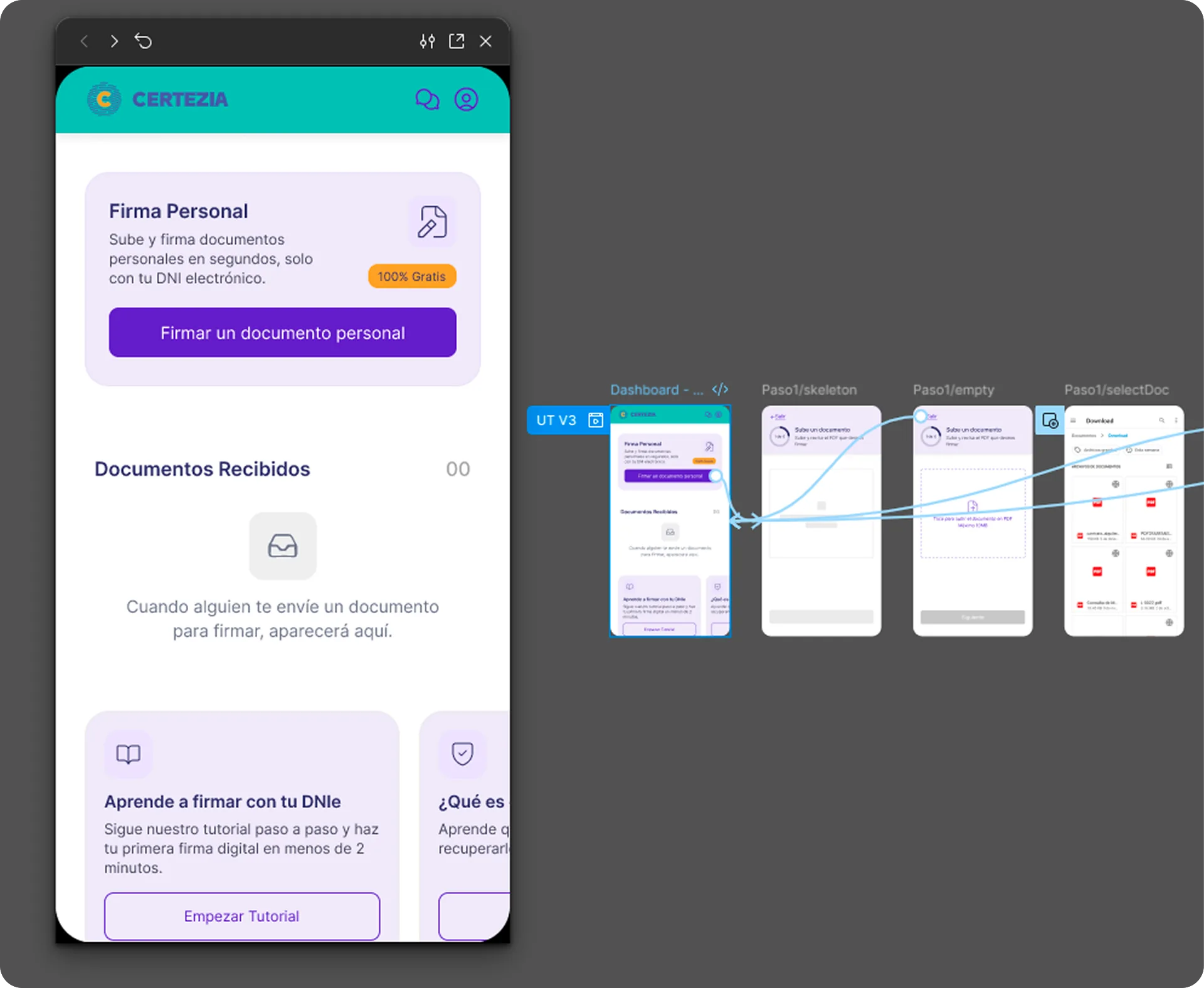 Vista del prototipo interactivo de Certezia en Figma
