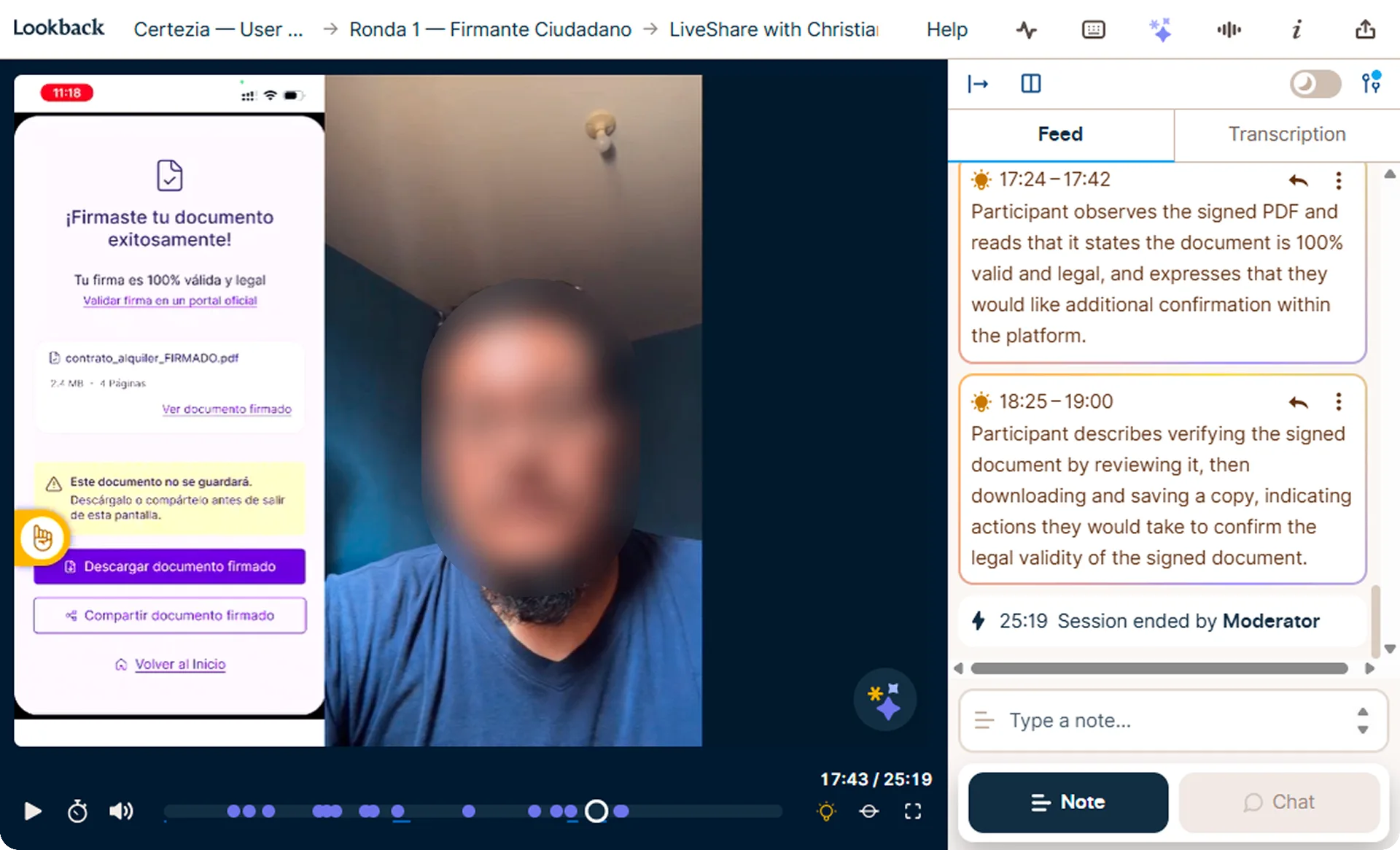 Sesión de test de usabilidad de Certezia en Lookback