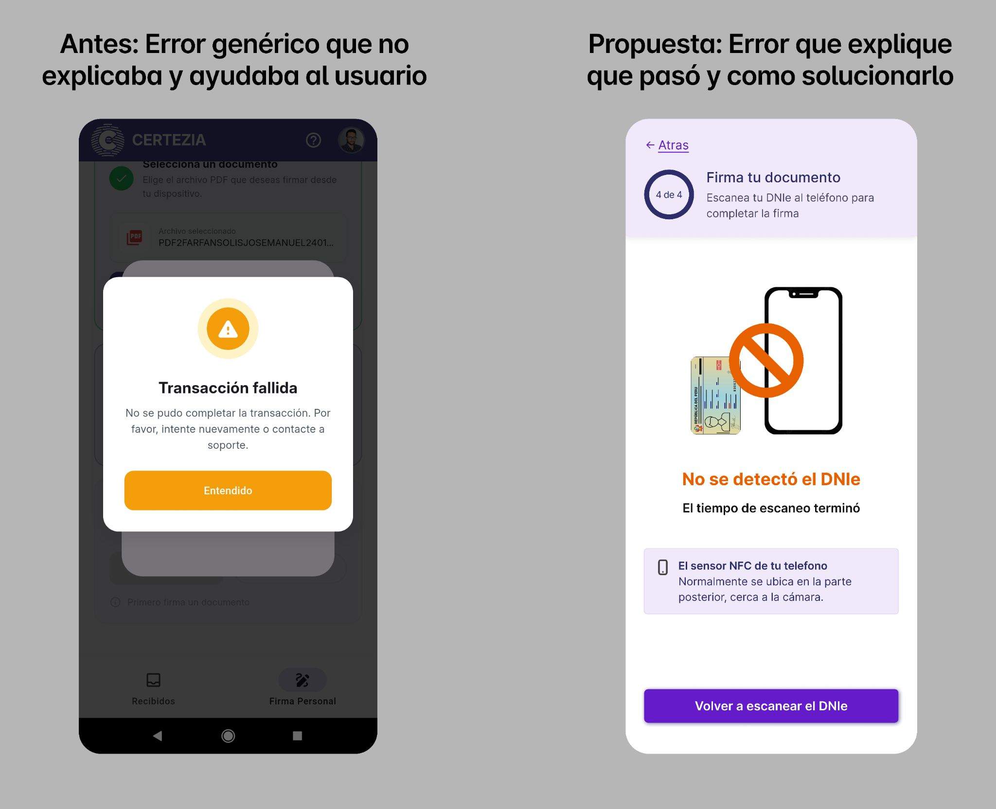 Before and proposed design: from a generic error to actionable guidance.