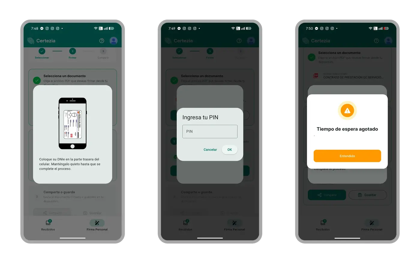 Three screens from the original flow: confusing NFC guide, PIN during scanning and generic error.