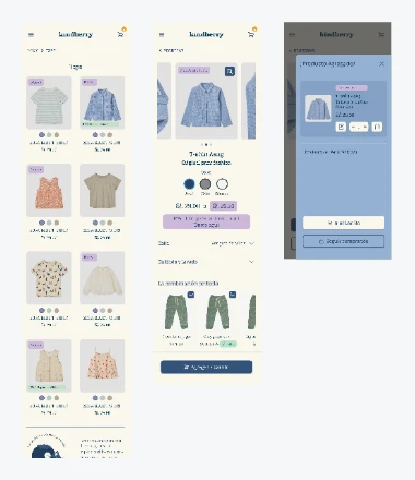 Excerpts of the catalogue, product page and cart on mobile.