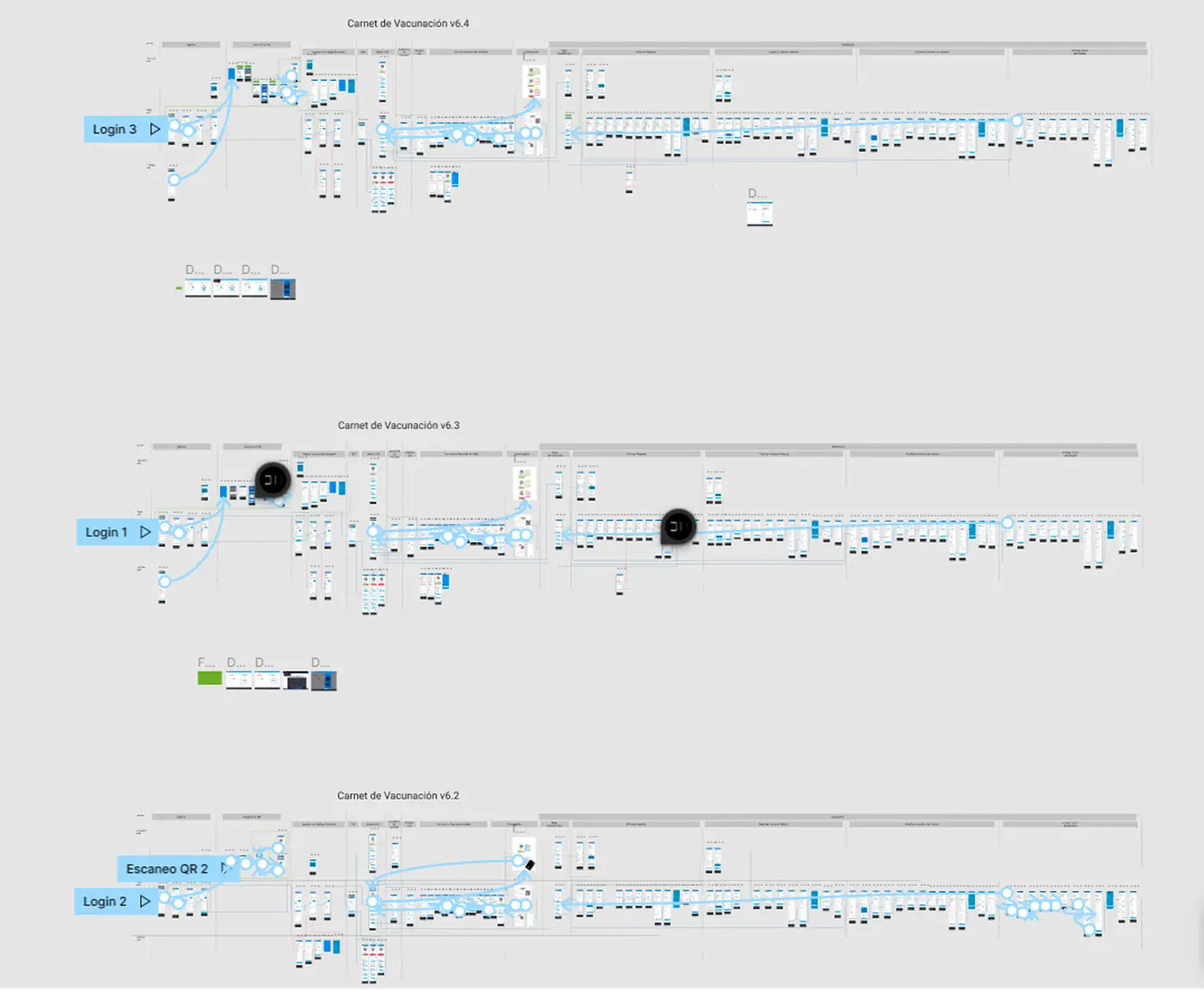 Clickable Figma prototypes, iterative versions.