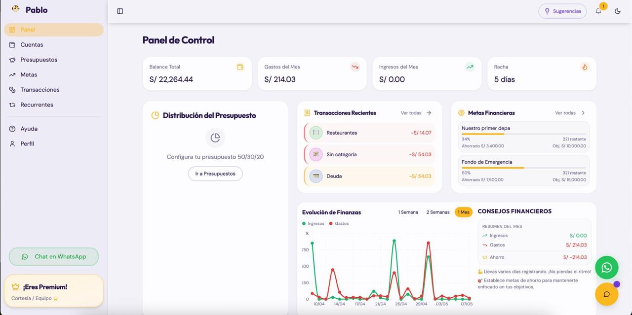 Pablo dashboard: personal finance control panel.