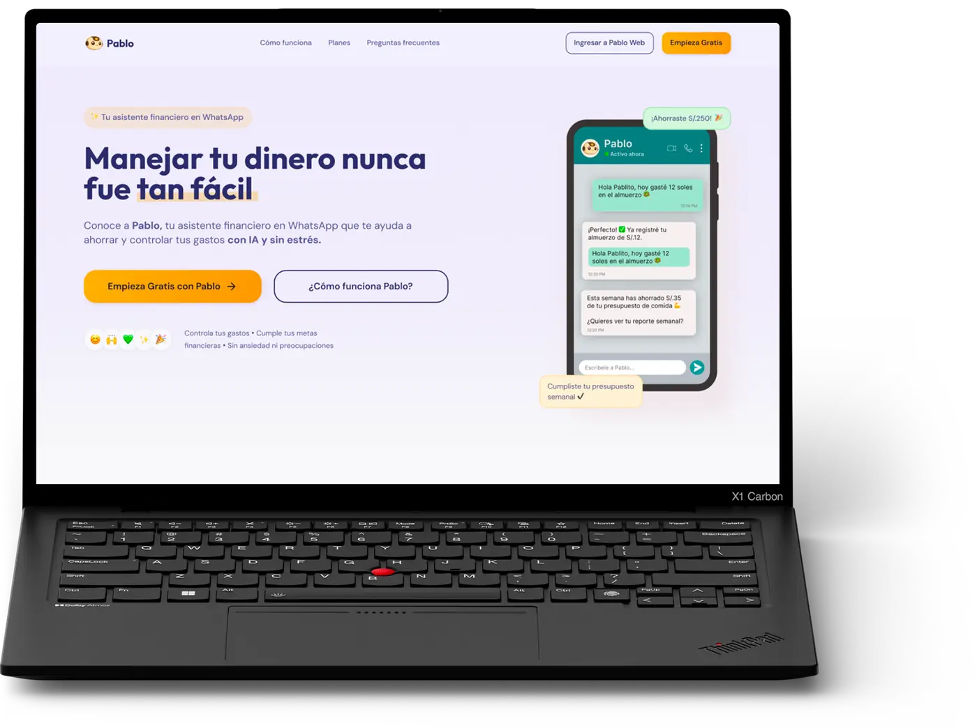 Pablo’s landing page and WhatsApp conversation.