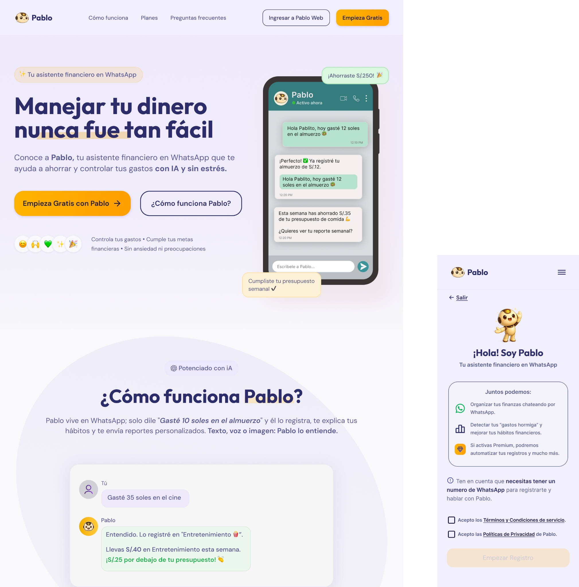 Views of Pablo’s landing page and signup.